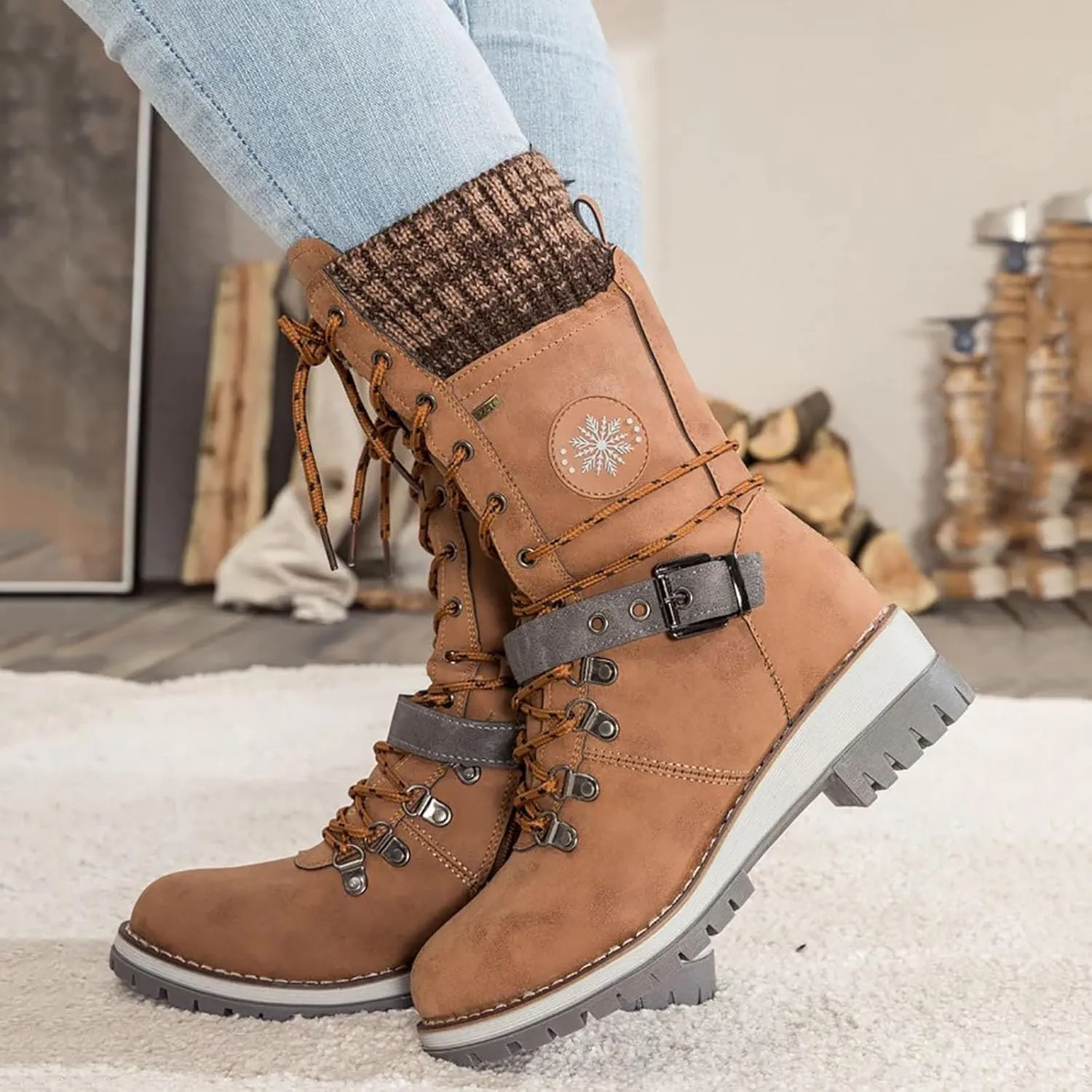 Lace Up Mid Calf Snow Boots for Women Square Heel Belt Boots Fleece Lined Warm Boots Classic Versatile Boots