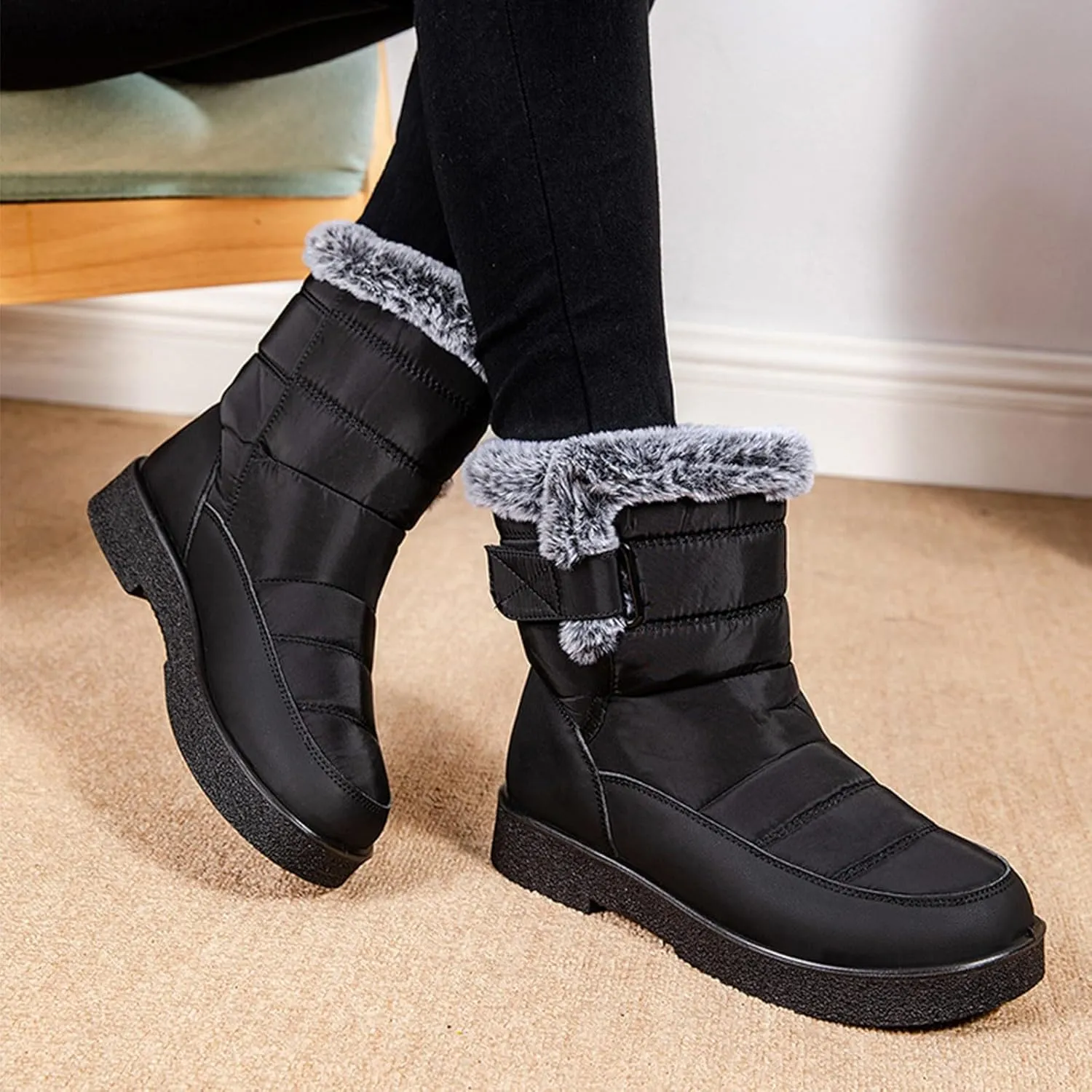 Ladies Fashion Winter Plush Insulation Solid Leather Thick Heeled Snow Boots Winter Womens Boots Size 11