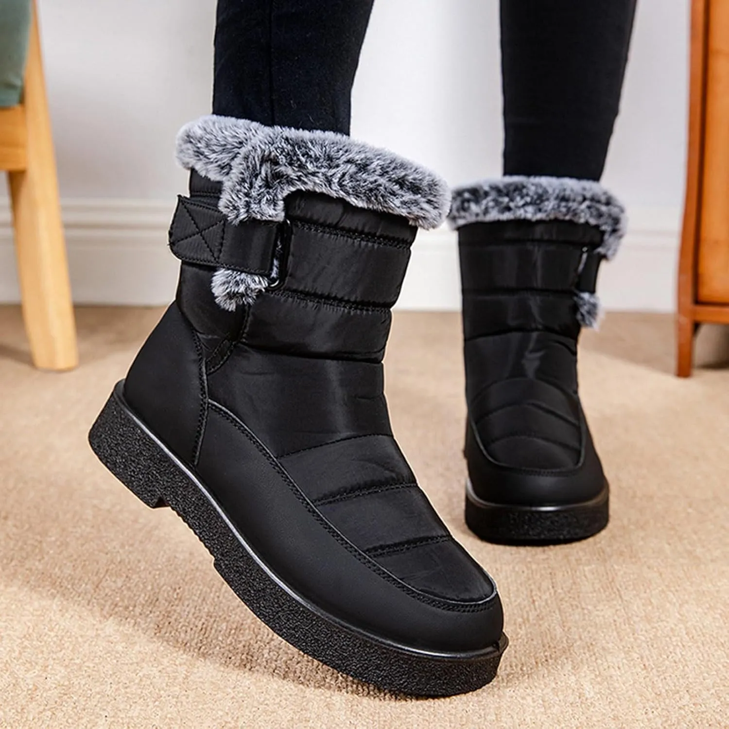Ladies Fashion Winter Plush Insulation Solid Leather Thick Heeled Snow Boots Winter Womens Boots Size 11