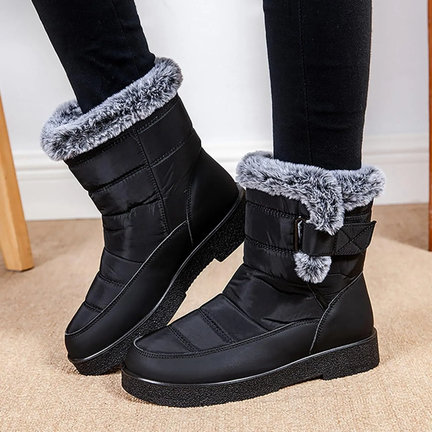 Ladies Fashion Winter Plush Insulation Solid Leather Thick Heeled Snow Boots Winter Womens Boots Size 11