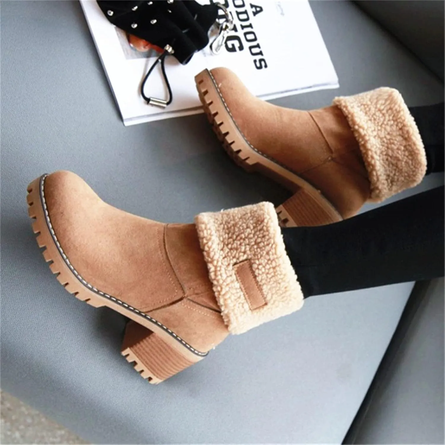 Ladmiple Snow Boots For Women Cute Tall Mid Calf Warm Fur Lined Winter Boots Outdoor Fashion Slip On Walking Ankle Booties