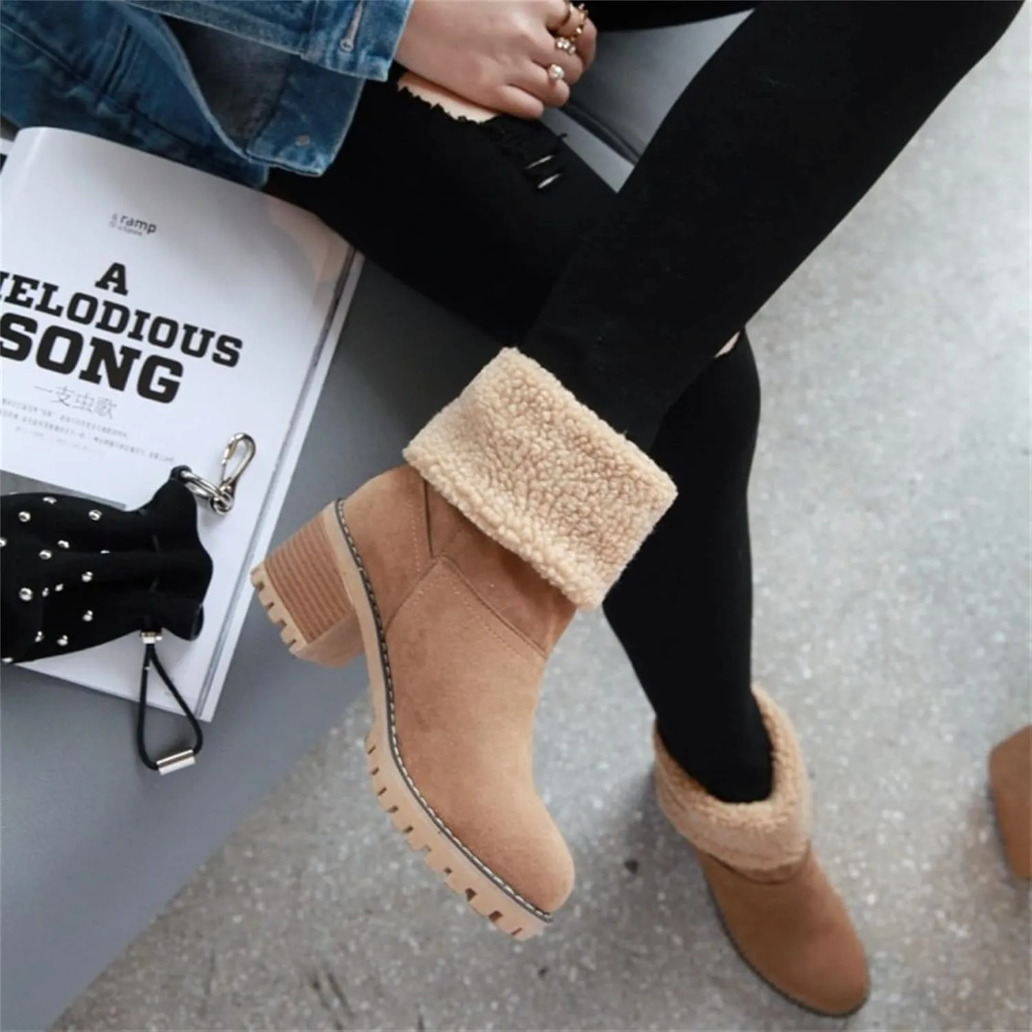 Ladmiple Snow Boots For Women Cute Tall Mid Calf Warm Fur Lined Winter Boots Outdoor Fashion Slip On Walking Ankle Booties