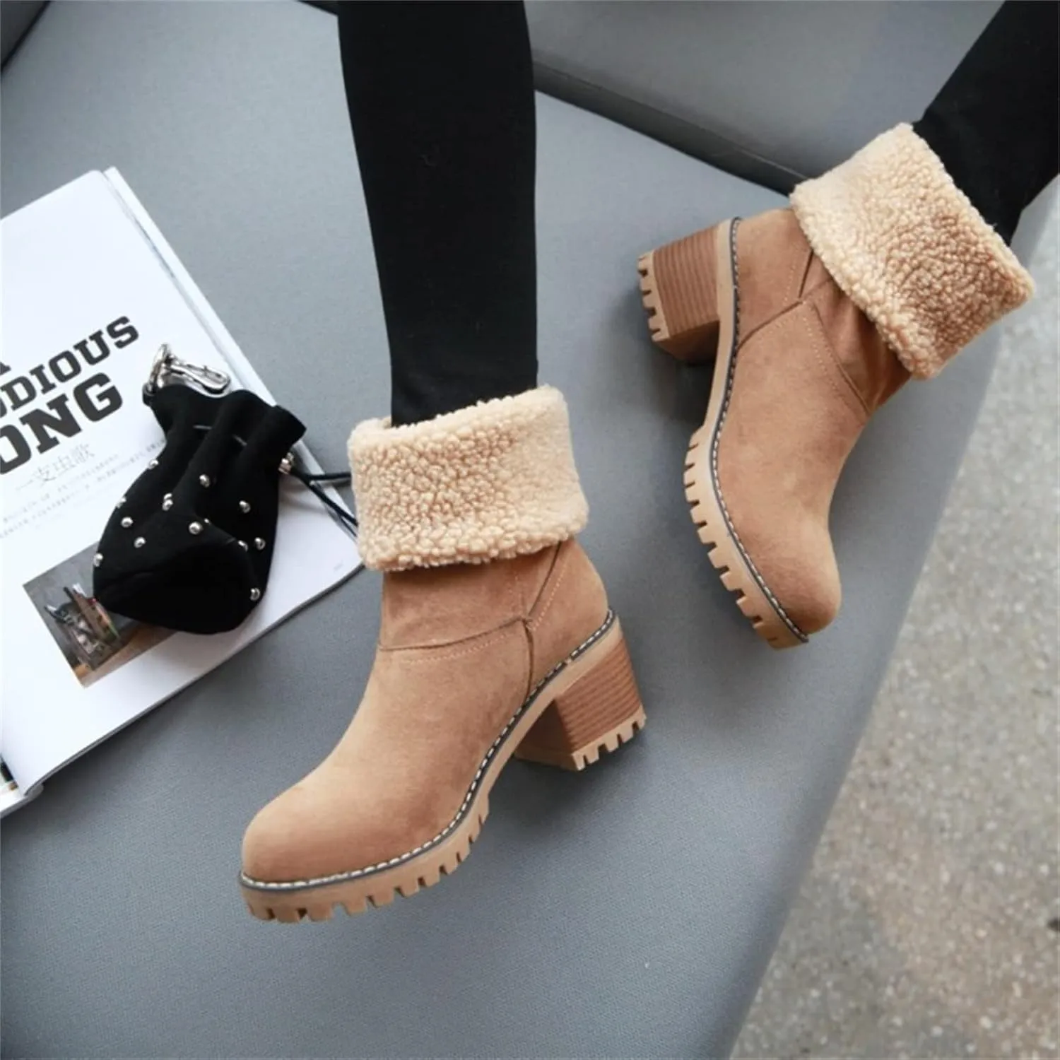 Ladmiple Snow Boots For Women Cute Tall Mid Calf Warm Fur Lined Winter Boots Outdoor Fashion Slip On Walking Ankle Booties