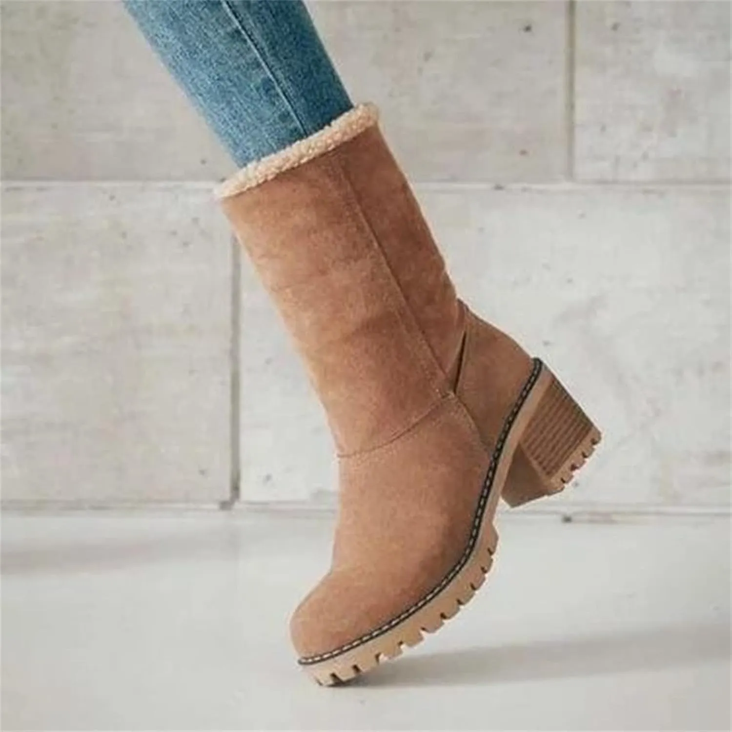 Ladmiple Snow Boots For Women Cute Tall Mid Calf Warm Fur Lined Winter Boots Outdoor Fashion Slip On Walking Ankle Booties