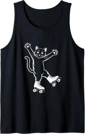 Line Art Realistic Cat in Roller Skate Shoes Roller Skating Tank Top
