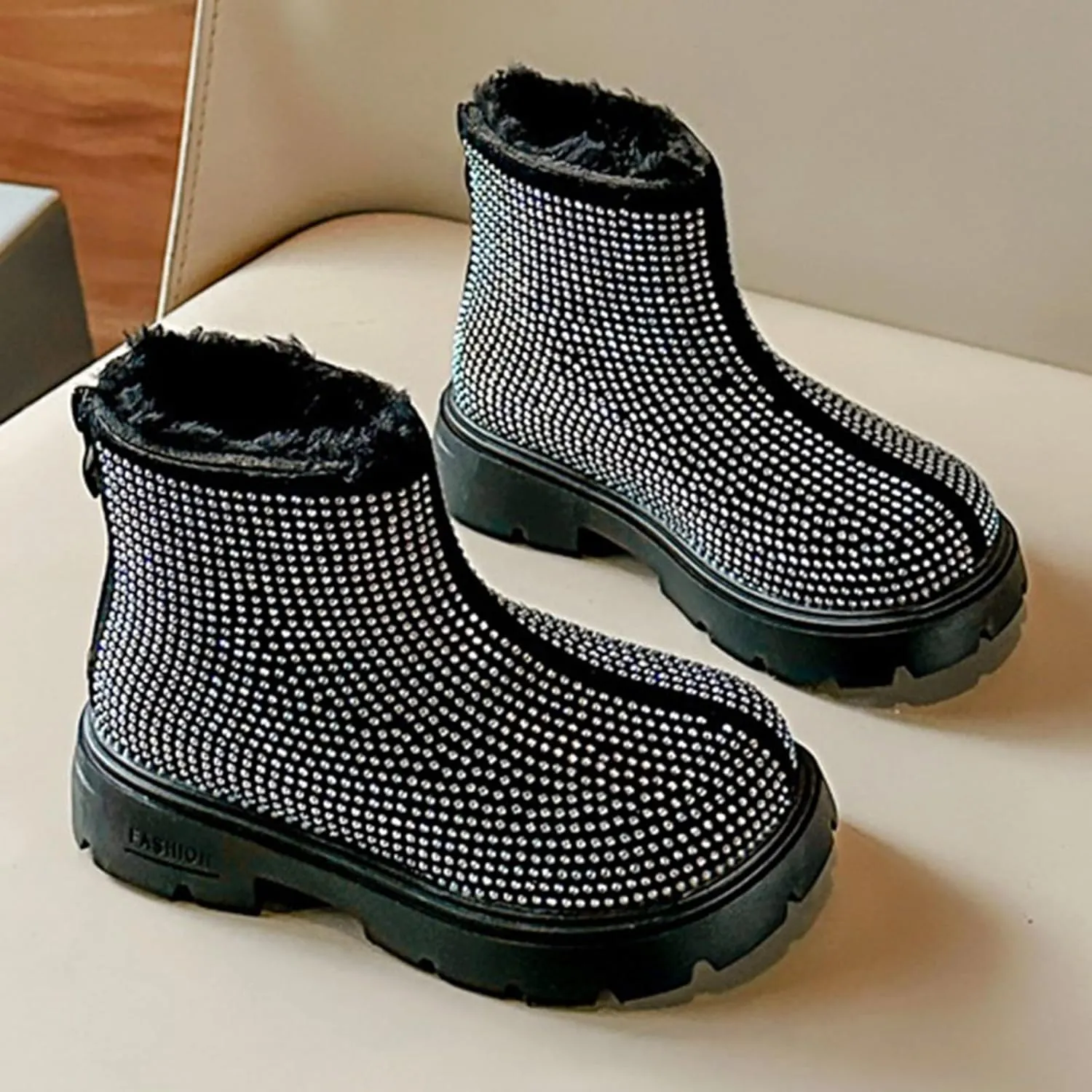 Low Heel Plush Mini Snow Boots for Toddler Kids, Girls Cozy Fleece Fr Lined Zip Up Classic Ankle Short Booties