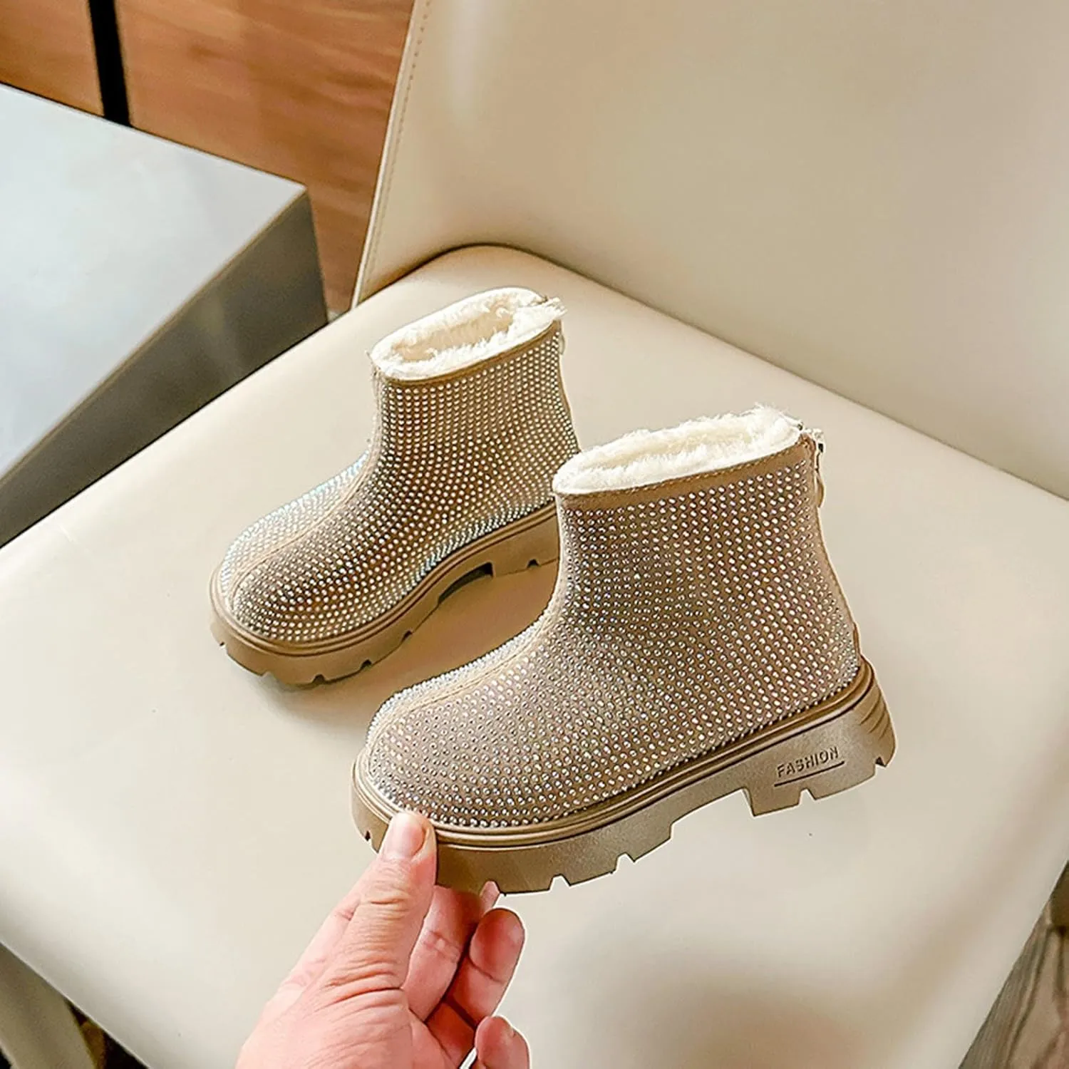 Low Heel Plush Mini Snow Boots for Toddler Kids, Girls Cozy Fleece Fr Lined Zip Up Classic Ankle Short Booties