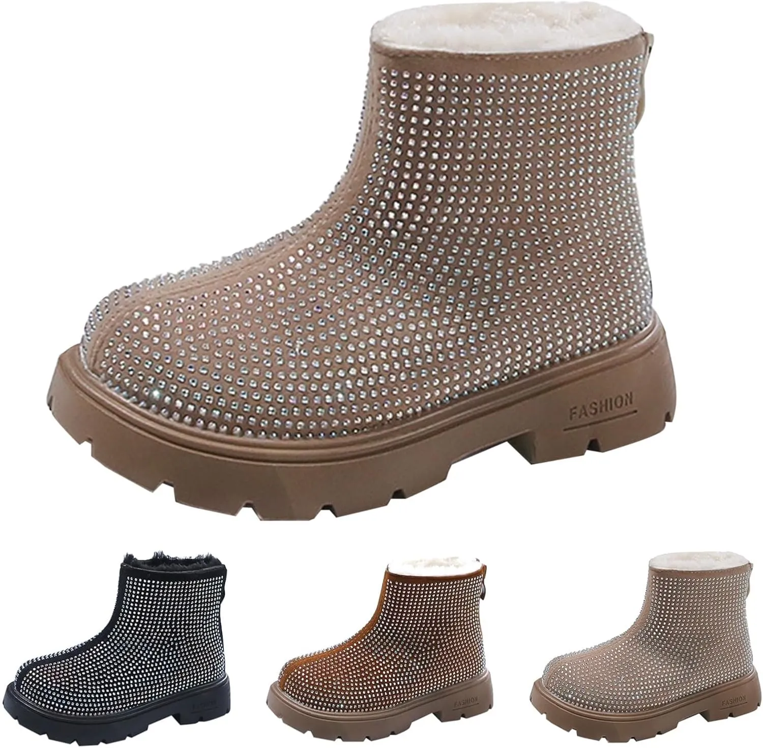 Low Heel Plush Mini Snow Boots for Toddler Kids, Girls Cozy Fleece Fr Lined Zip Up Classic Ankle Short Booties