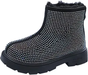 Low Heel Plush Mini Snow Boots for Toddler Kids, Girls Cozy Fleece Fr Lined Zip Up Classic Ankle Short Booties