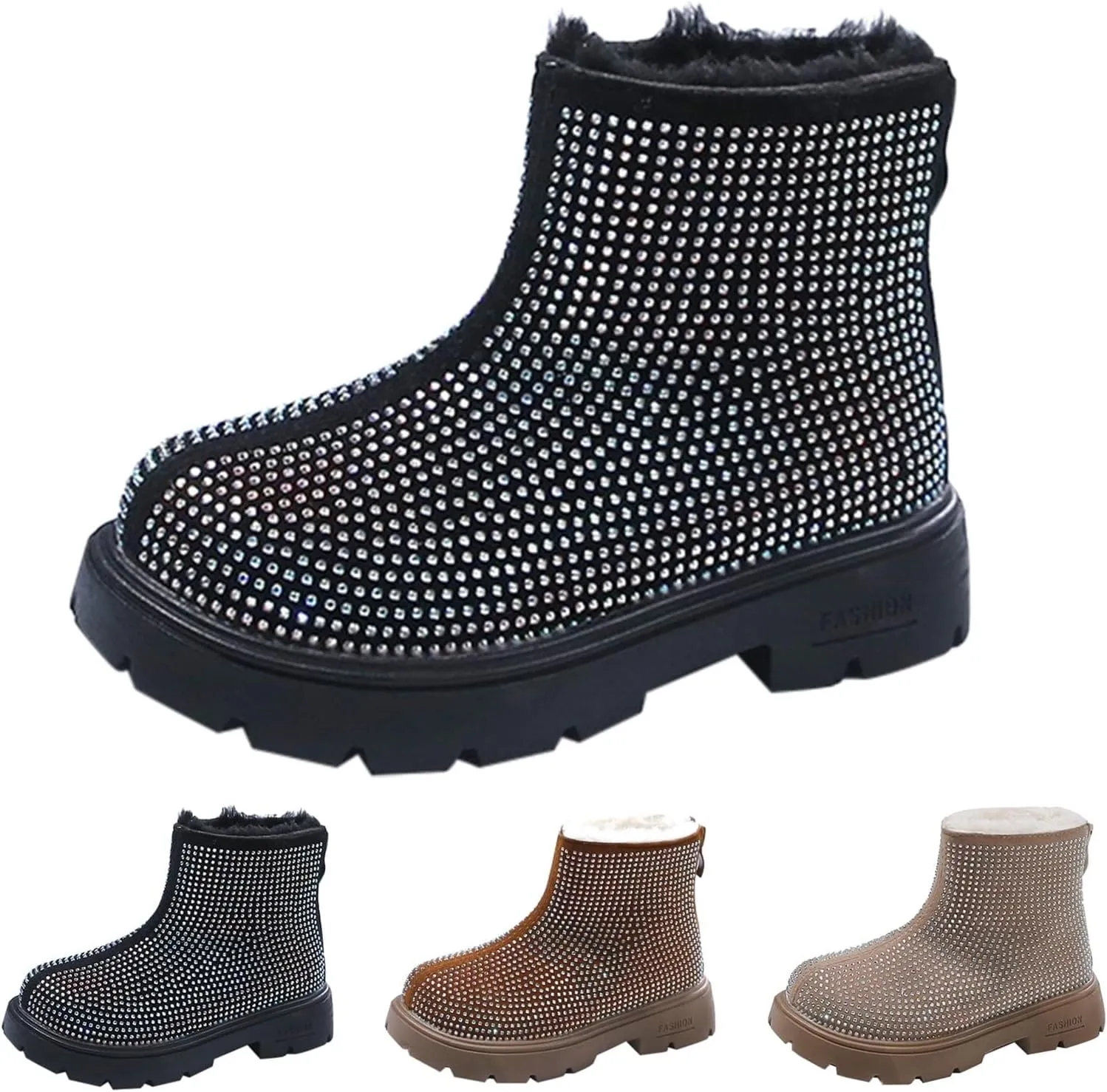 Low Heel Plush Mini Snow Boots for Toddler Kids, Girls Cozy Fleece Fr Lined Zip Up Classic Ankle Short Booties