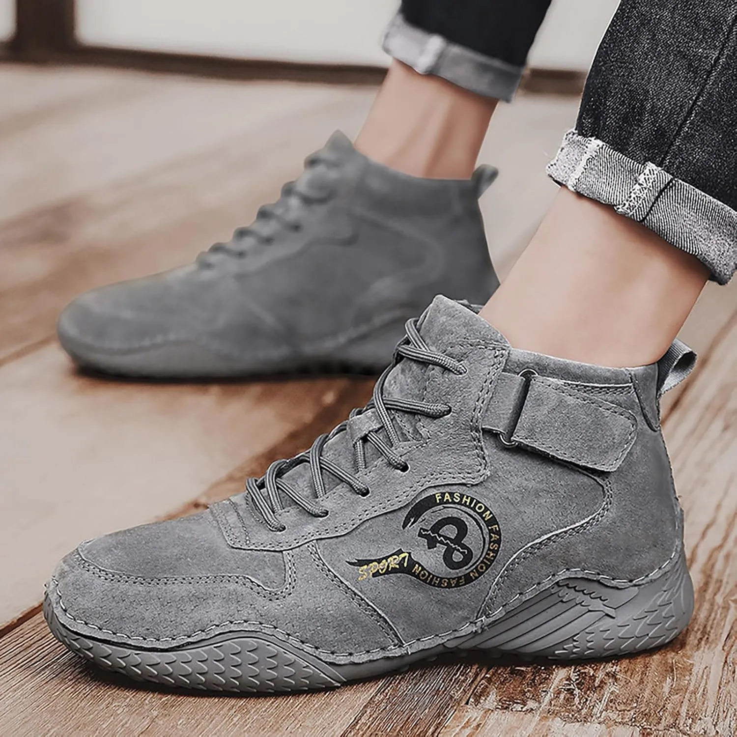 Men's Casual Suede Ankle Boots Lace Up And Hook Loop Ankle Boots Lightweight Sport Shoes Hiking Leather Boots