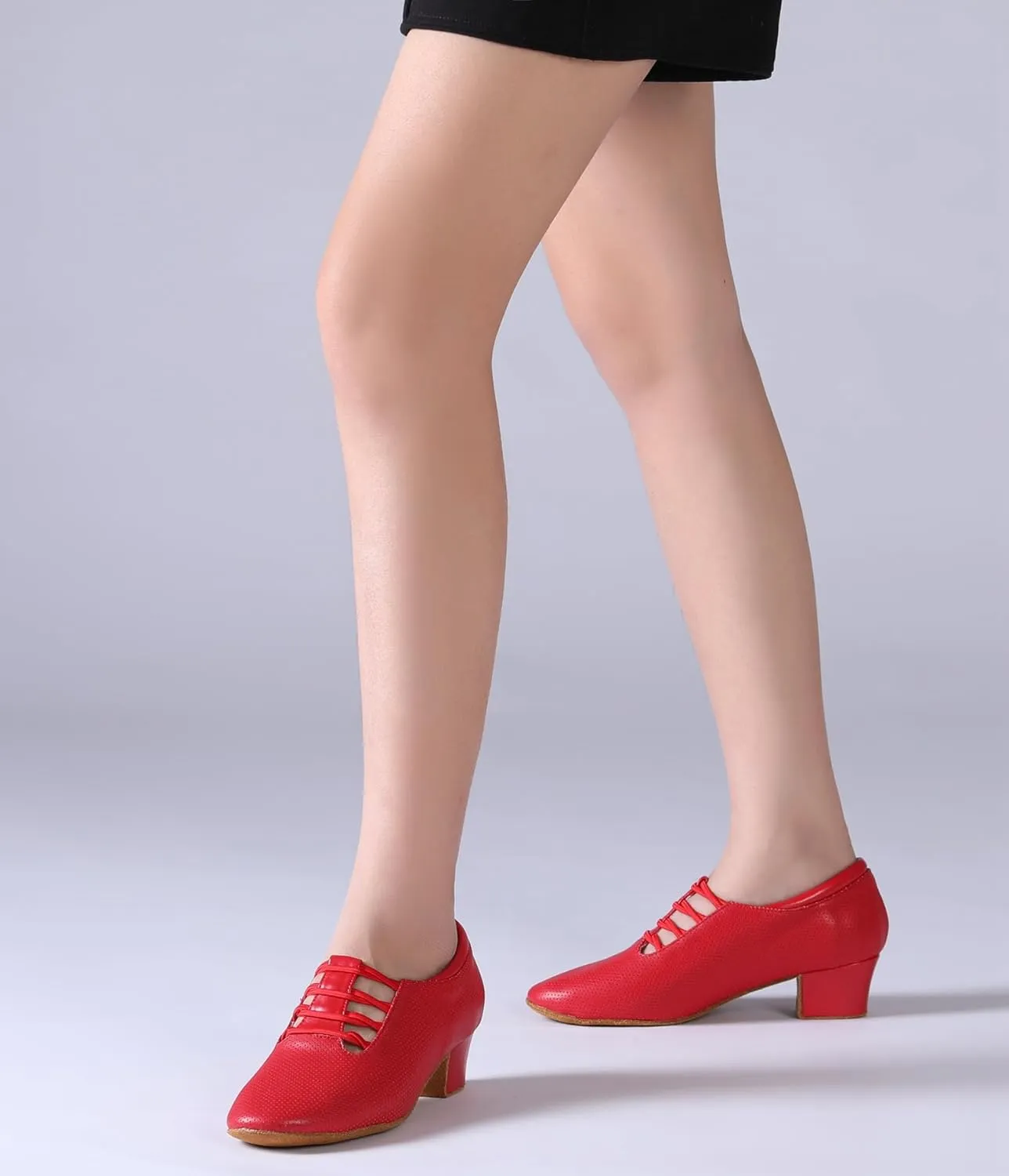 Minishion Leather Dance Shoes for Women Lace-up Low Heel Comfortable Latin Ballroom Shoes D36