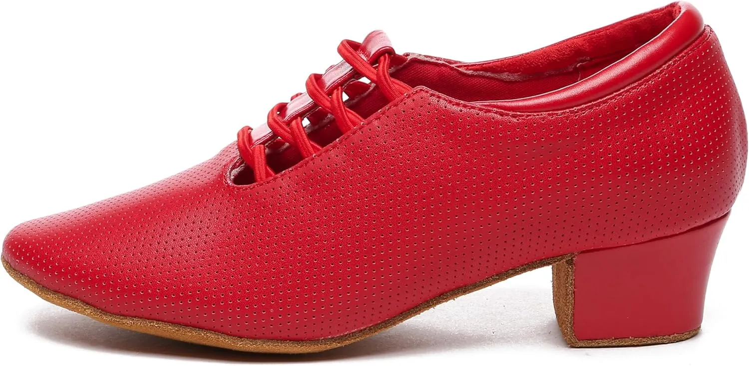 Minishion Leather Dance Shoes for Women Lace-up Low Heel Comfortable Latin Ballroom Shoes D36