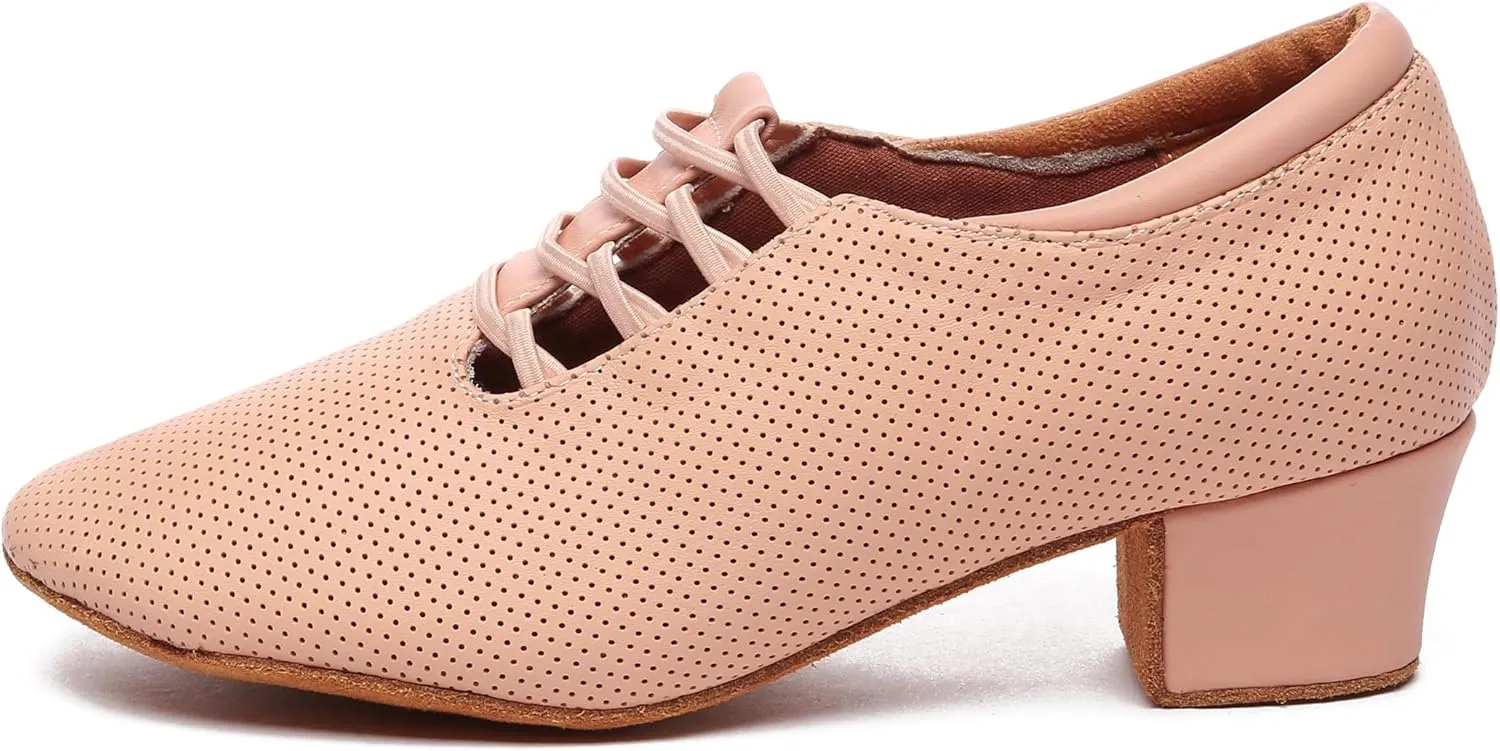 Minishion Leather Dance Shoes for Women Lace-up Low Heel Comfortable Latin Ballroom Shoes D36