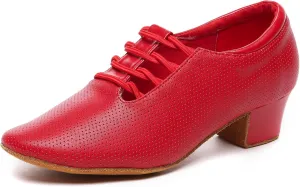 Minishion Leather Dance Shoes for Women Lace-up Low Heel Comfortable Latin Ballroom Shoes D36