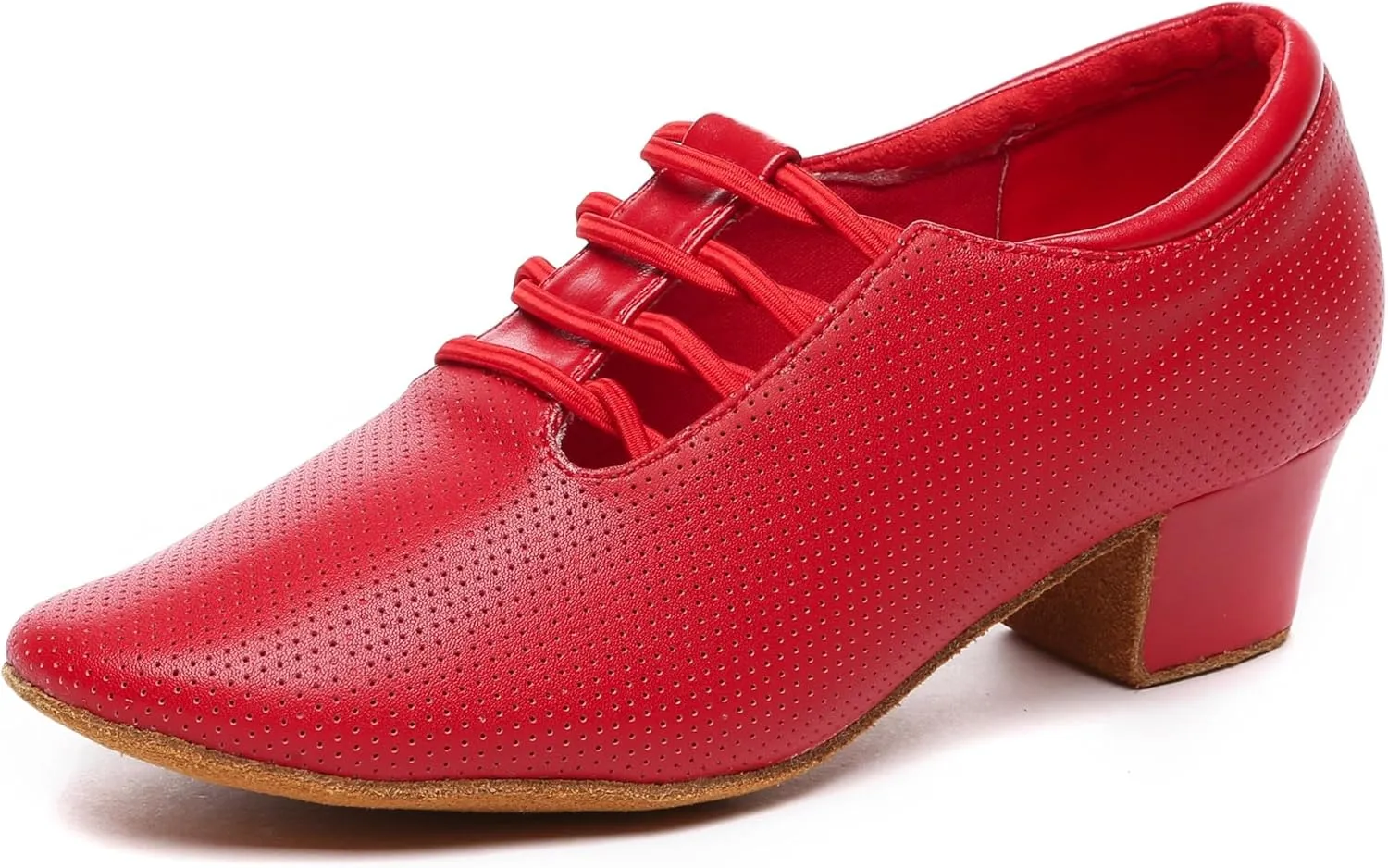 Minishion Leather Dance Shoes for Women Lace-up Low Heel Comfortable Latin Ballroom Shoes D36