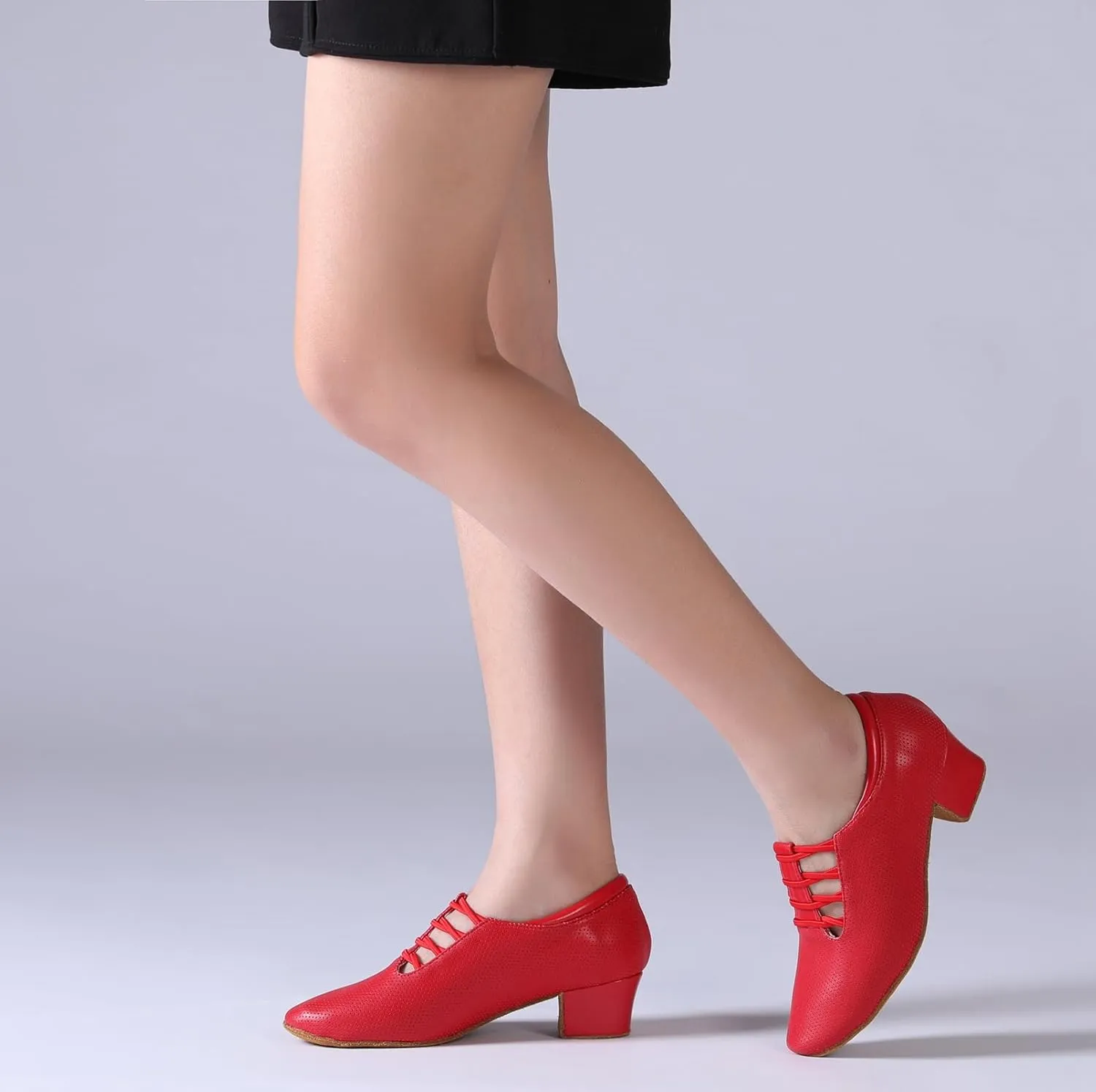 Minishion Leather Dance Shoes for Women Lace-up Low Heel Comfortable Latin Ballroom Shoes D36
