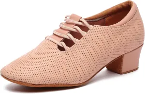 Minishion Leather Dance Shoes for Women Lace-up Low Heel Comfortable Latin Ballroom Shoes D36