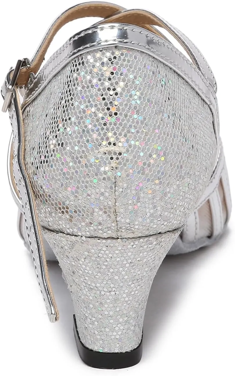 Minishion Women's T-Strap Dance Heels Glitter Salsa Ballroom Shoes Wedding Party Pumps