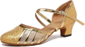 Minishion Women's T-Strap Dance Heels Glitter Salsa Ballroom Shoes Wedding Party Pumps