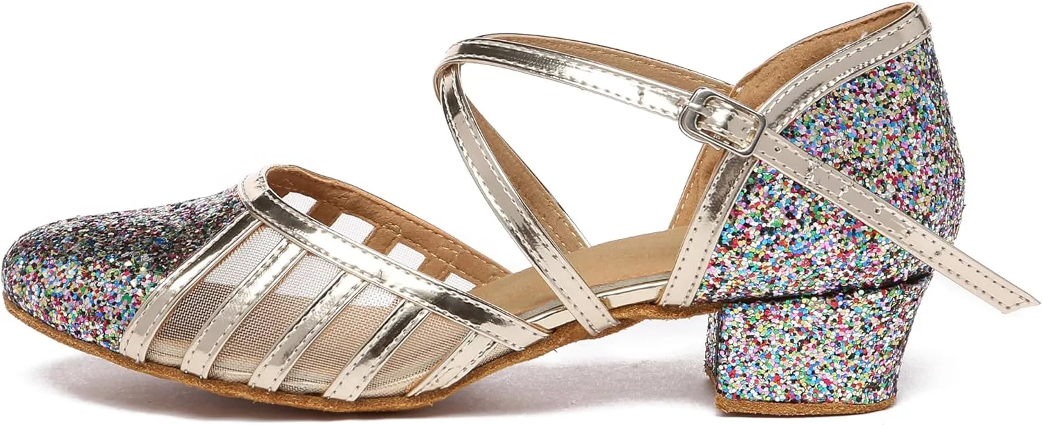 Minishion Women's T-Strap Dance Heels Glitter Salsa Ballroom Shoes Wedding Party Pumps