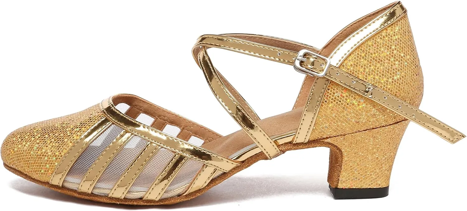 Minishion Women's T-Strap Dance Heels Glitter Salsa Ballroom Shoes Wedding Party Pumps
