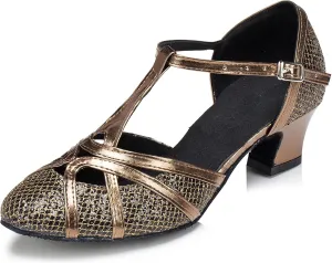 Minishion Women's T-Strap Dance Heels Glitter Salsa Ballroom Shoes Wedding Party Pumps