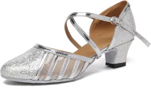 Minishion Women's T-Strap Dance Heels Glitter Salsa Ballroom Shoes Wedding Party Pumps