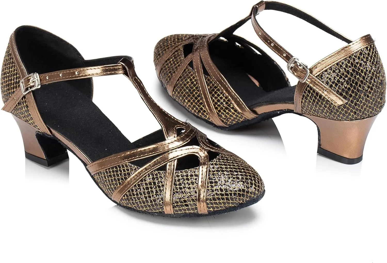 Minishion Women's T-Strap Dance Heels Glitter Salsa Ballroom Shoes Wedding Party Pumps