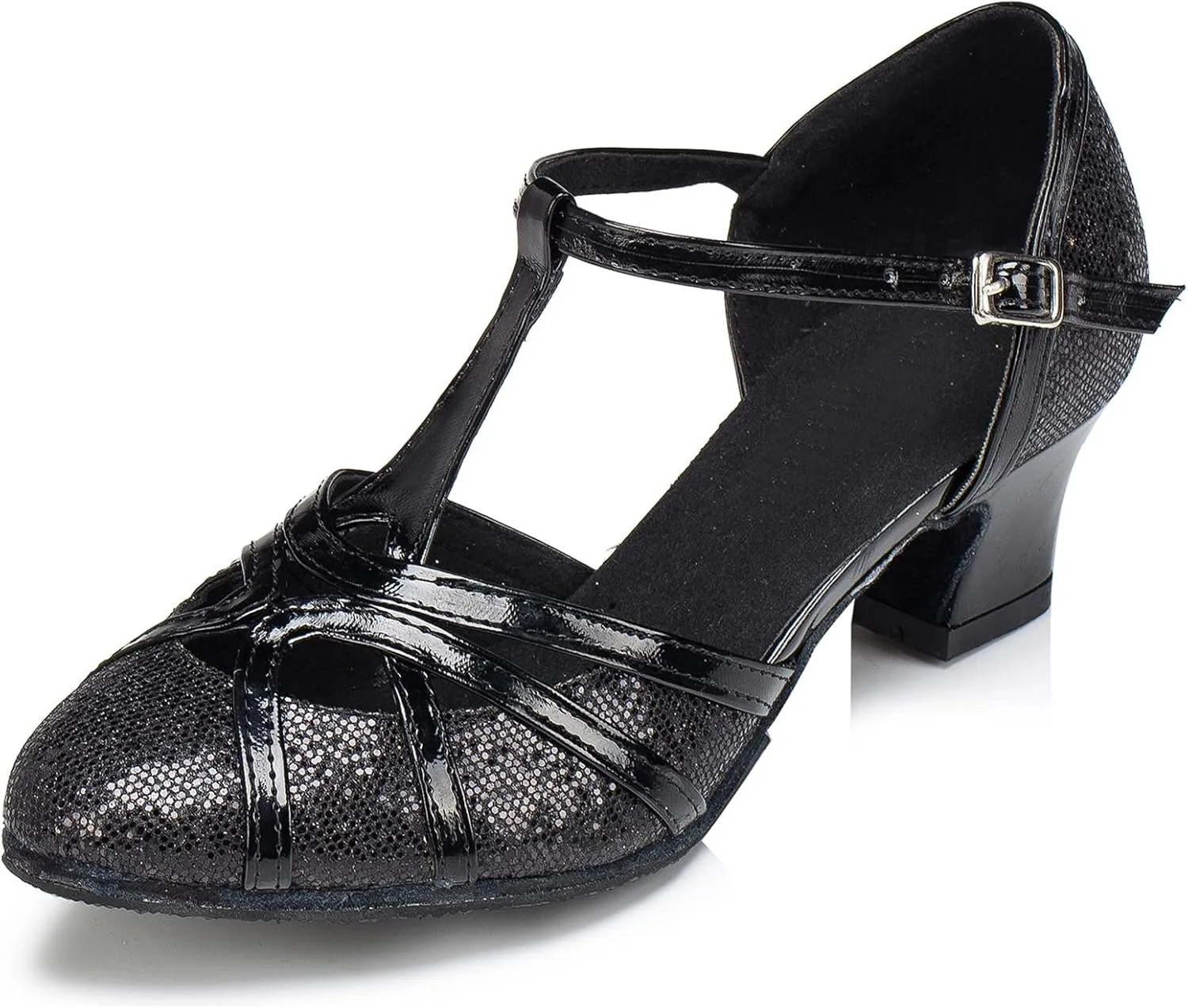Minishion Women's T-Strap Dance Heels Glitter Salsa Ballroom Shoes Wedding Party Pumps
