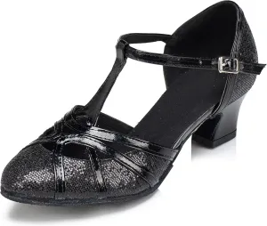 Minishion Women's T-Strap Dance Heels Glitter Salsa Ballroom Shoes Wedding Party Pumps