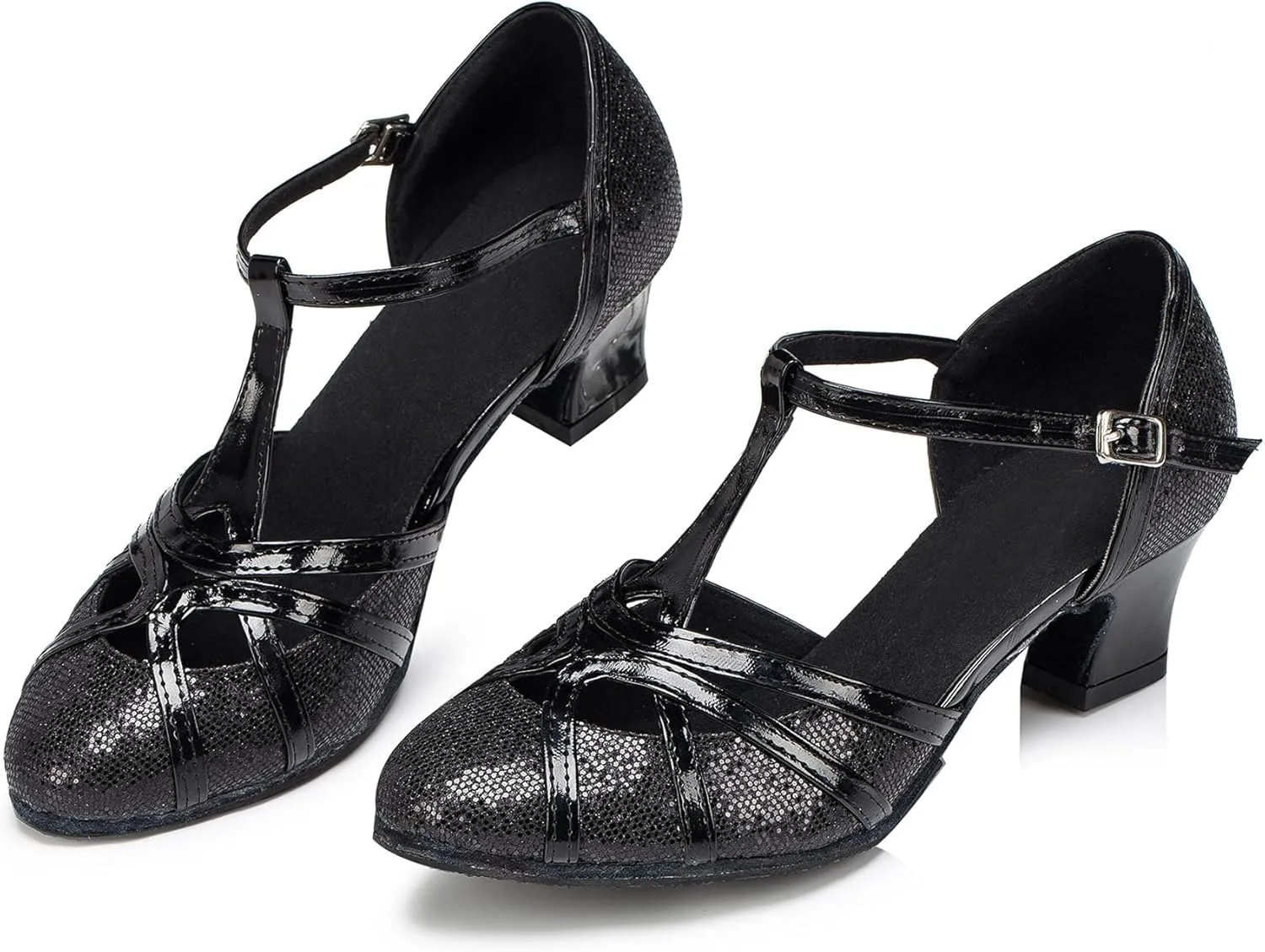 Minishion Women's T-Strap Dance Heels Glitter Salsa Ballroom Shoes Wedding Party Pumps