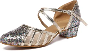 Minishion Women's T-Strap Dance Heels Glitter Salsa Ballroom Shoes Wedding Party Pumps