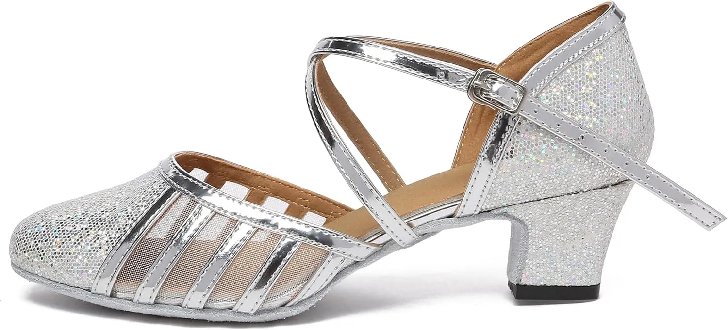 Minishion Women's T-Strap Dance Heels Glitter Salsa Ballroom Shoes Wedding Party Pumps