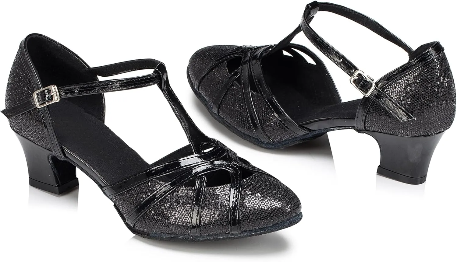 Minishion Women's T-Strap Dance Heels Glitter Salsa Ballroom Shoes Wedding Party Pumps