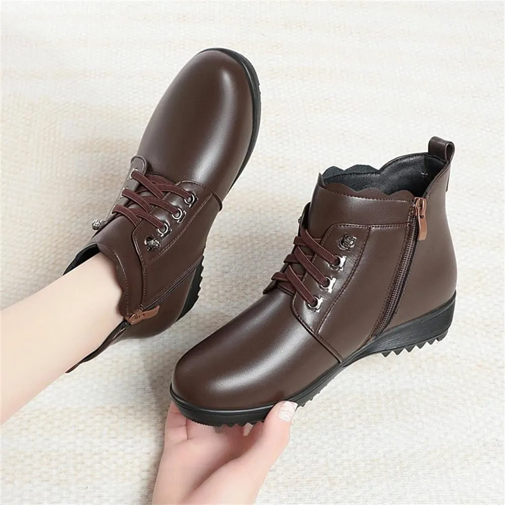Niiyyjj Womens Genuine Leather Lace Up Snow Boots No Slip Fleece Mom Boots Plus Size Zipper Ankle Boots
