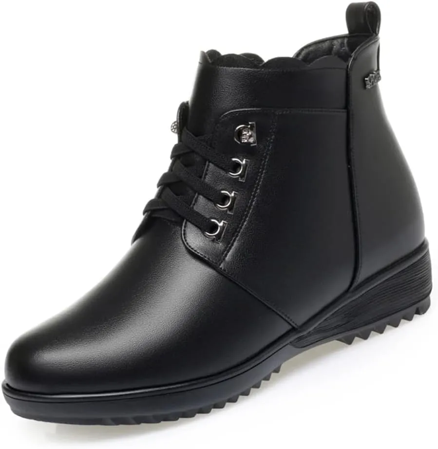 Niiyyjj Womens Genuine Leather Lace Up Snow Boots No Slip Fleece Mom Boots Plus Size Zipper Ankle Boots