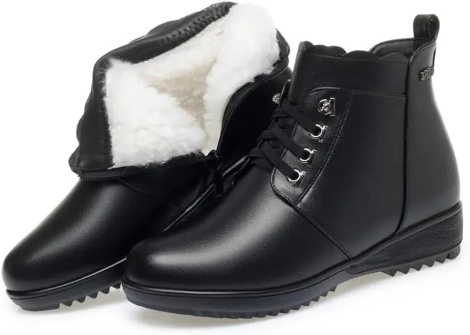 Niiyyjj Womens Genuine Leather Lace Up Snow Boots No Slip Fleece Mom Boots Plus Size Zipper Ankle Boots