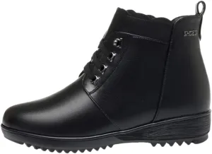 Niiyyjj Womens Genuine Leather Lace Up Snow Boots No Slip Fleece Mom Boots Plus Size Zipper Ankle Boots