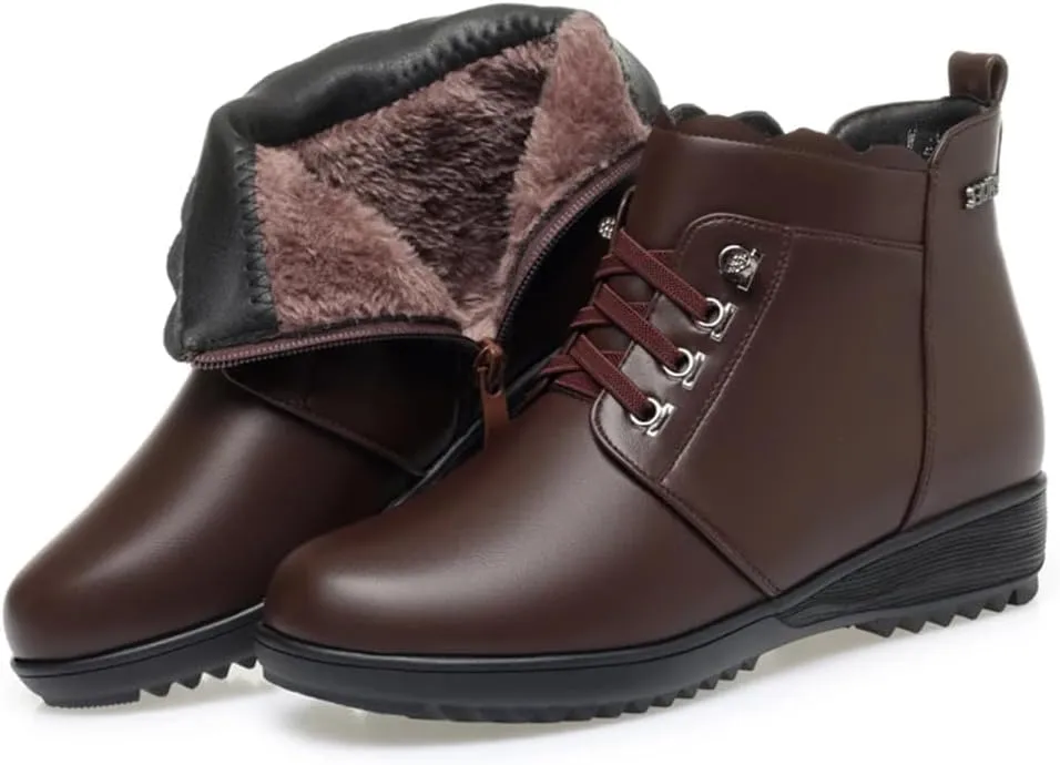 Niiyyjj Womens Genuine Leather Lace Up Snow Boots No Slip Fleece Mom Boots Plus Size Zipper Ankle Boots
