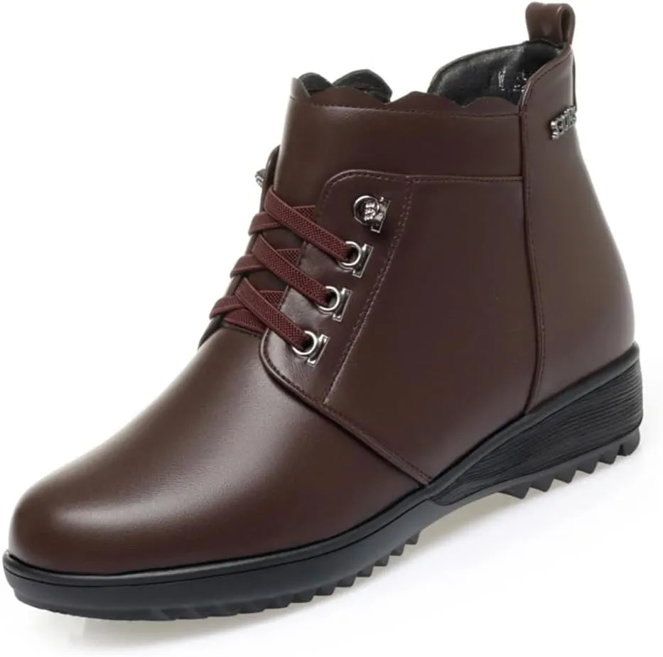 Niiyyjj Womens Genuine Leather Lace Up Snow Boots No Slip Fleece Mom Boots Plus Size Zipper Ankle Boots