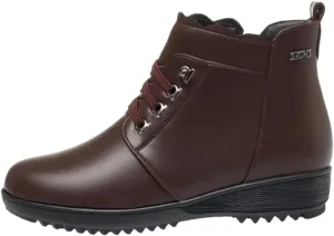 Niiyyjj Womens Genuine Leather Lace Up Snow Boots No Slip Fleece Mom Boots Plus Size Zipper Ankle Boots
