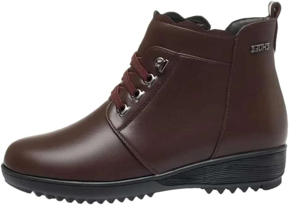 Niiyyjj Womens Genuine Leather Lace Up Snow Boots No Slip Fleece Mom Boots Plus Size Zipper Ankle Boots
