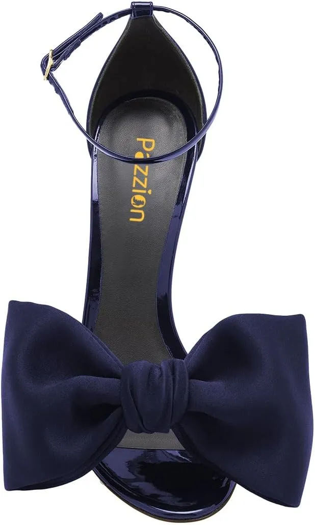 Pazzion Women Graceful Bowknots Open Toe Sandals Skinny Ankle Strap Stiletto High Heel Pumps Sexy Wedding Fancy Ballroom Shoes Size 4-16 US