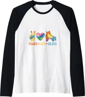 Peace Love Skate Roller Skate Shoes Tie Dye Roller Skating Raglan Baseball Tee
