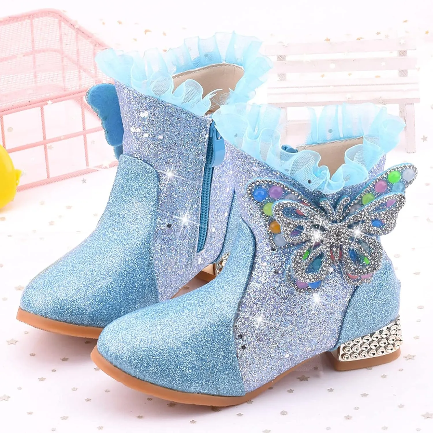 Princess Girls Ankle Boots Kids Shine Zipper Butterfly Decoration Comfortable Slip on Lug Sole helsea Tall