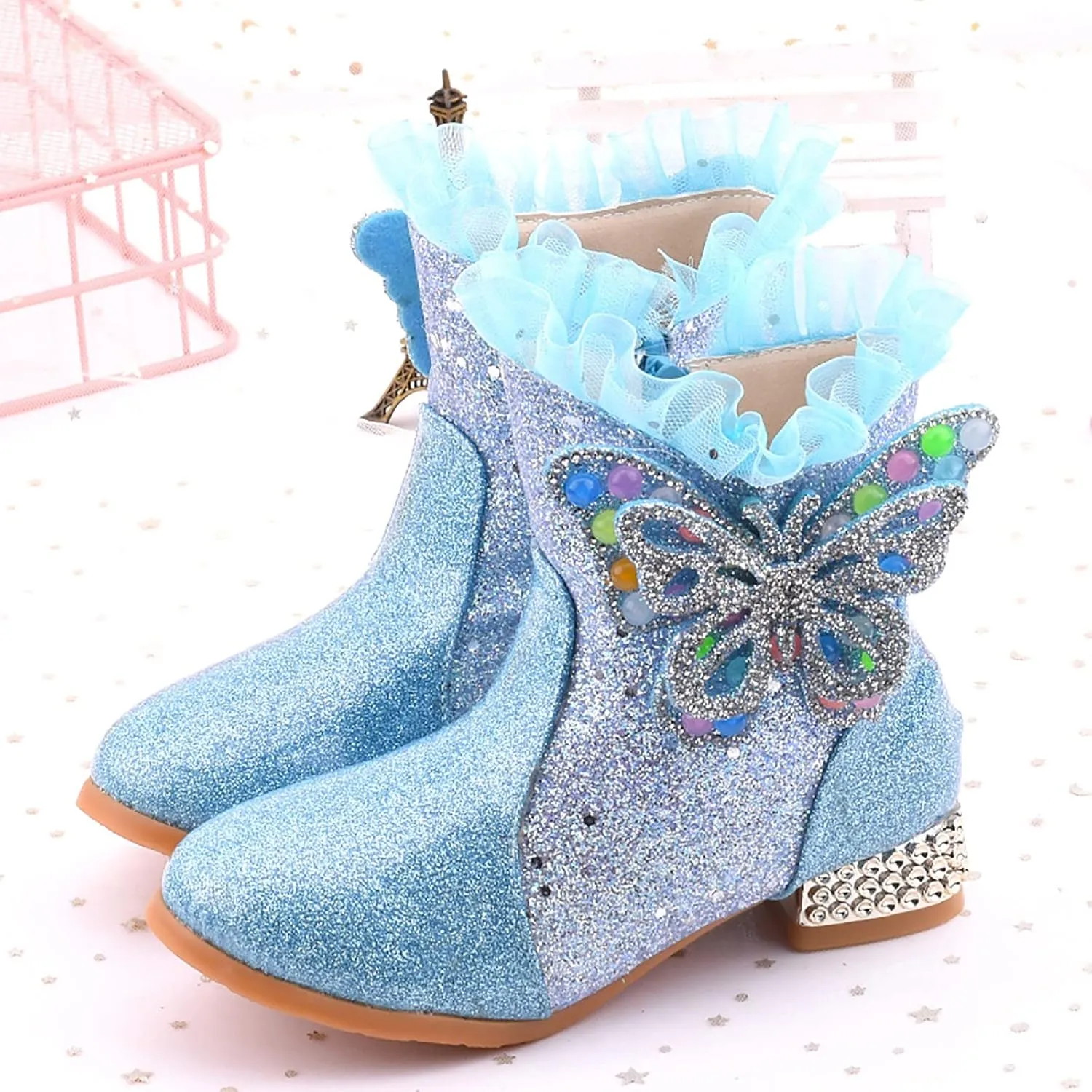 Princess Girls Ankle Boots Kids Shine Zipper Butterfly Decoration Comfortable Slip on Lug Sole helsea Tall
