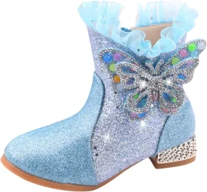 Princess Girls Ankle Boots Kids Shine Zipper Butterfly Decoration Comfortable Slip on Lug Sole helsea Tall