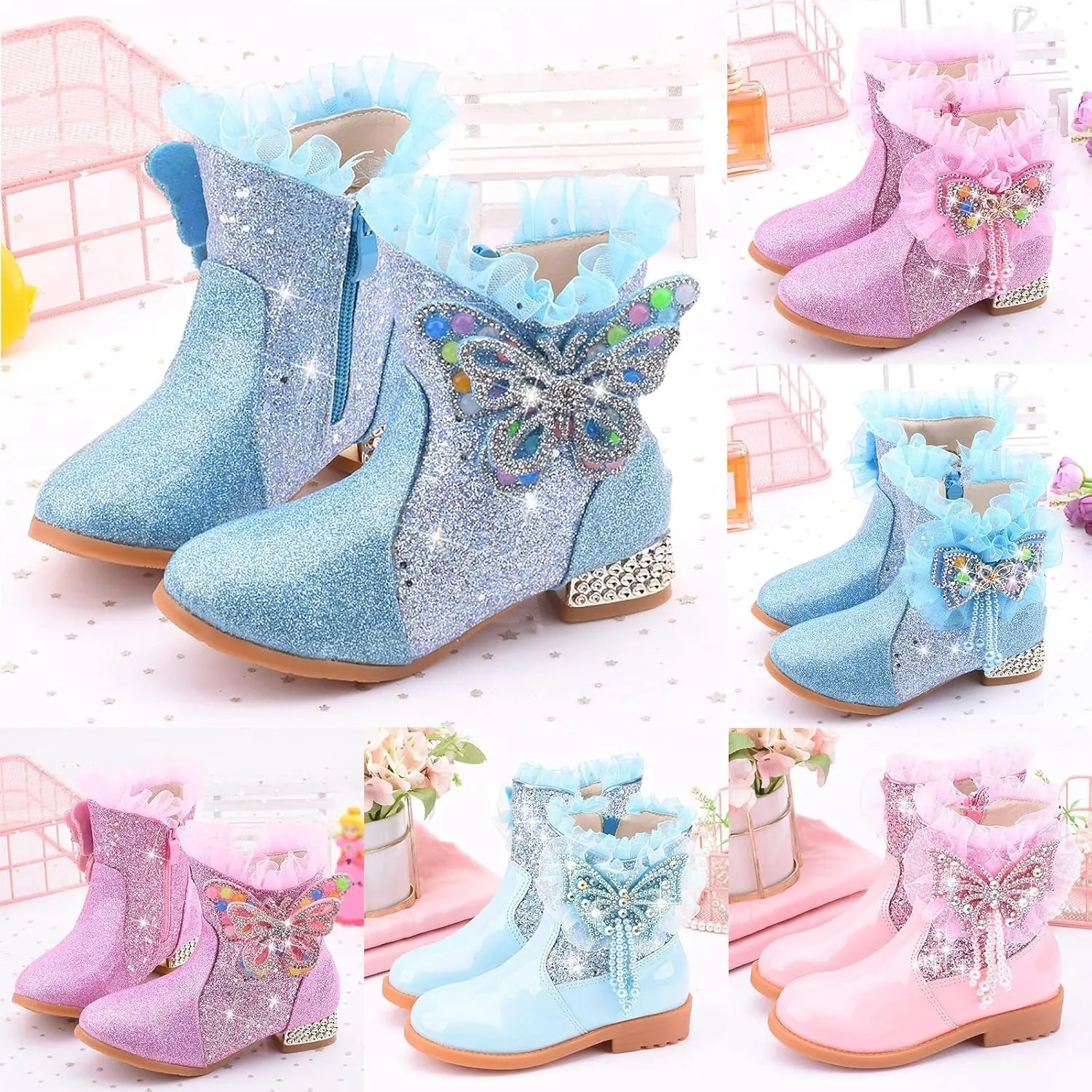 Princess Girls Ankle Boots Kids Shine Zipper Butterfly Decoration Comfortable Slip on Lug Sole helsea Tall