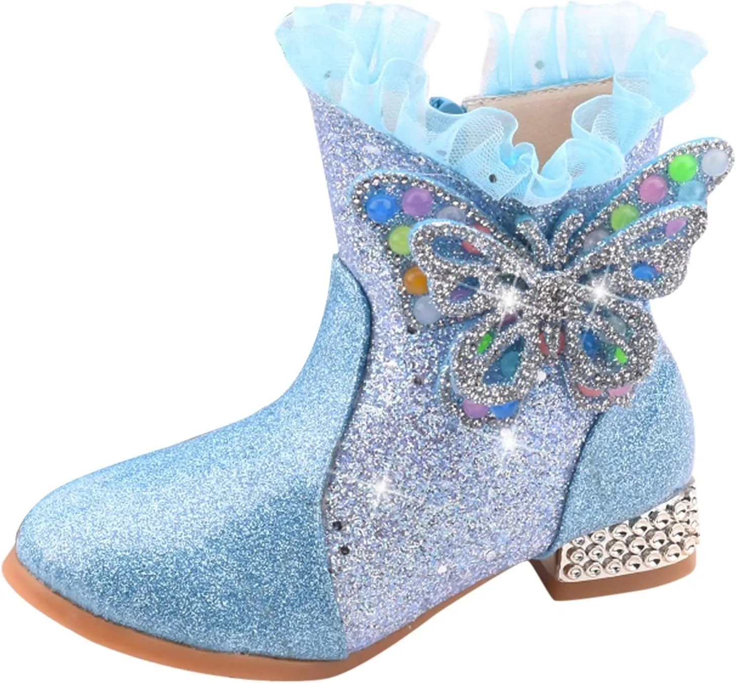 Princess Girls Ankle Boots Kids Shine Zipper Butterfly Decoration Comfortable Slip on Lug Sole helsea Tall